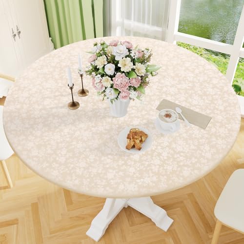 Image of Smiry Waterproof Heavy Duty Vinyl Fitted Tablecloth for 31 inch-35 inch Round Table | Elastic Plastic Table Cloth, Wipeable Washable Floral Patio Table Cover for Picnic, Kitchen and Dining, Beige