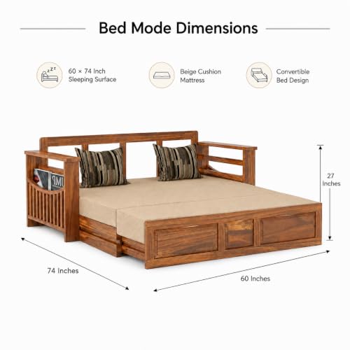 Image of Douceur Furnitures Solid Sheesham Wooden 3 Seater Sofa Cum Bed with Mattress,Cushions & Side Pockets,Wood Foldable Convertible Sofa 3 Seater Diwan Cum Bed for Living Room & Office|Natural Teak Finish