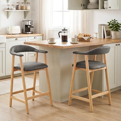 Image of 26 inch Bar Stools Set of 2, Upholstered Counter Stools, Modern Faux Leather Counter Height Bar Chairs with Backs and Arms, Wood Legs and Footrest, for Kitchen Counter, Island, Dining Room, Dark Gray