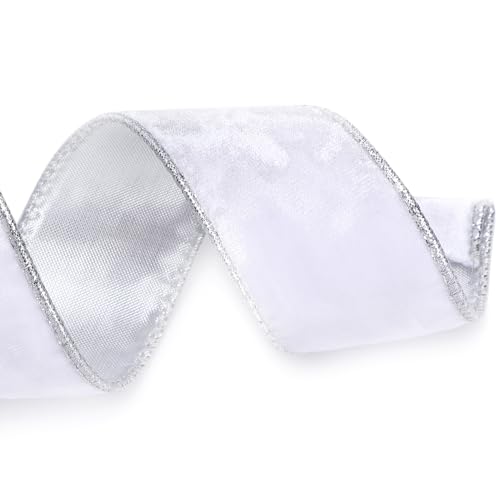 Image of Ribbli White Velvet Wired Ribbon 1.5 Inch Metallic White Silver Crushed Velvet Christmas Ribbon for Gift Wrapping Christmas Tree Decoration Crafts Wreaths Supplies-Continuous 10 Yards