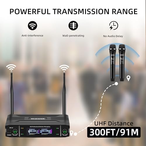 MIZISNR UHF Wireless Microphone Systems, Dual Cordless Handheld Dynamic Karaoke Mic Set, Auto Connect 300ft Range Transmission for Singing, Karaoke, DJ Party, Church, Wedding, PA Speaker