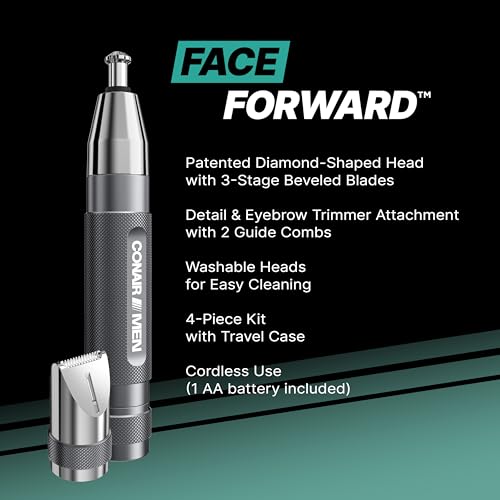 Conair Men Ear, Nose and Eyebrow Trimmer, Patented 360&deg; Bevel Blade for No Pulls, Nicks or Cuts Guaranteed, Nose Hair Trimmer for Men, Non-Slip Grip, 5-Piece Kit with Travel Case