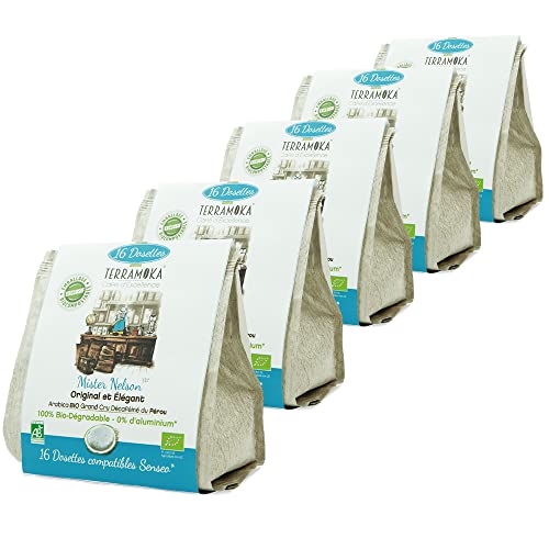 TERRAMOKA 80 Dosettes (5 * 16) Café 100% Pur Arabica du Pérou - Compatible avec Dosette Senseo - Expresso et Lungo - Bio Original et Elégant - Mister Nelson...