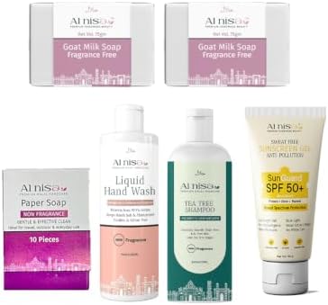 Hajj/Umrah Kit Fragrance Free Liquid Hand Wash 100ml, Goat Milk Handmade Soap Set 2 each 100gm and Herbal Hair Shampoo 100ml Combo Set of 5