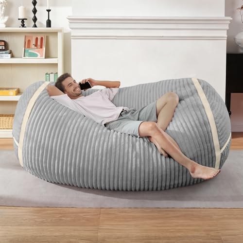Image of 5FT Bean Bag Chair 5'Giant Bean Bag Chairs with Adults, Large Beanbag Chair | Bean bag Lounger with Washable Cover Corded Plush Fabric, Comfy Chairs for Living Room Bedroom Dorm, Lightgrey with Beige