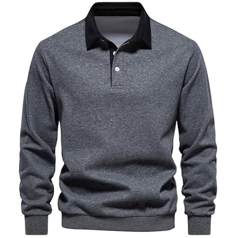 MakingDa męska bluza z kołnierzem polo, długi rękaw, casualowa bluza na zimę, jednolita kolorystyka, ciepły top, sweter, ciemnoszary, L