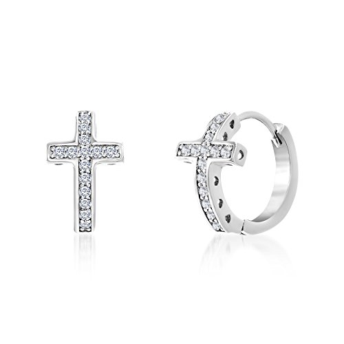 1/7 Cttw Cubic Zirconia Curved Cross Hoop Earrings for Women in Rhodium Plated Brass