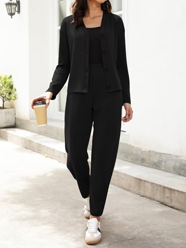 Women's 2 Piece Casual Outfits Fall Travel Button Down Long Sleeve Cardigan Barrel Pants Set Loungewear3