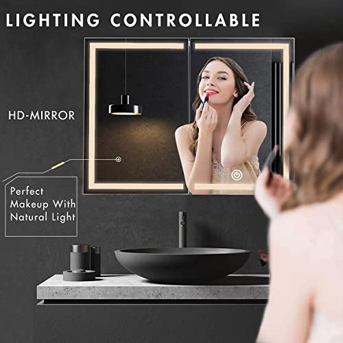 Hasuit Lighted Medicine Cabinet With Mirror, Wall Mounted Bathroom Cabinet With Led Light, Power Strip, And Adjustable Shelves, Bathroom Mirror With Storage, 31.5'' X 23.6'' #TOP4