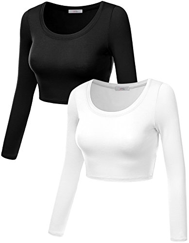 Simlu Womens Crop Top Round Neck Basic Long Sleeve Crop Top with Stretch Reg and Plus Size