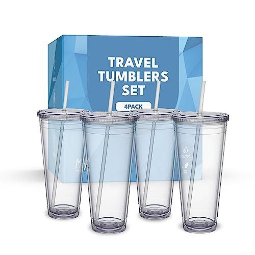 4 Vasos Plastico Reutilizables con Tapa y Pajita. Taza de Plástico con Doble Pared 700 ml, Vaso plastico duro con pajita y tapa libre de BPA. Marfrand