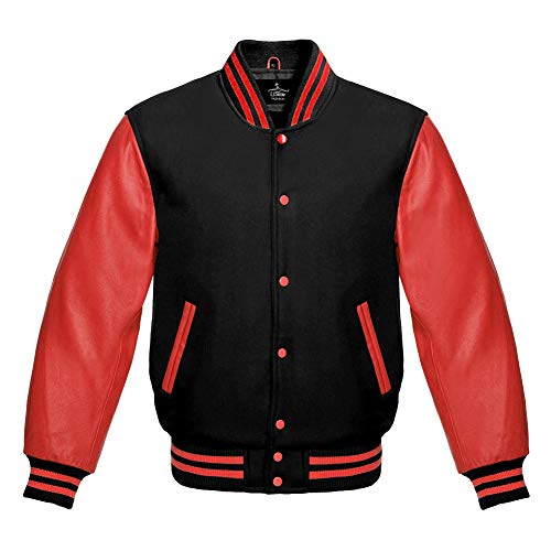 Men's Varsity Baseball Letterman Bomber Premium Wool & Genuine Red Leather Sleeves Jacket