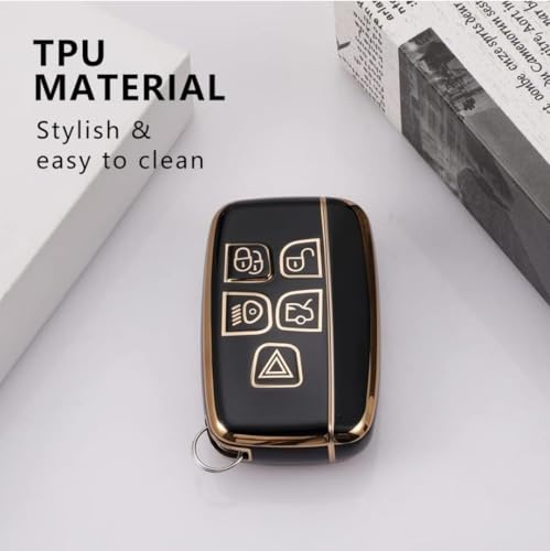 Image of TPU Car Key Cover Black & Golden Fit for Jaguar F-PACE F-Type Range Rover XF XJ XE, Discovery, Evoque, Velar, Sport, Defender (Land Rover & Jaguar, 5 Button Push Smart Key)