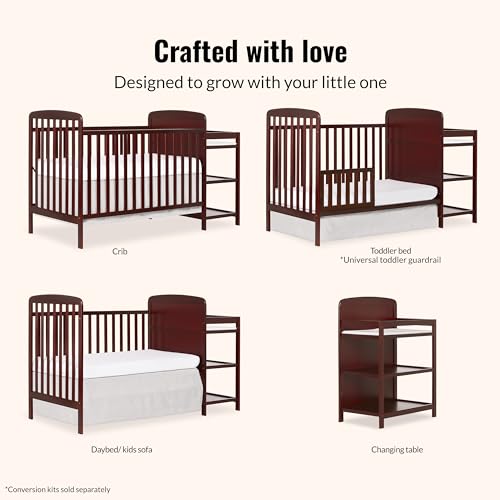 Image of Dream On Me Anna 3-in-1 Convertible Full-Size Baby Crib & Changer with Storage in Cherry, GreenGuard Gold & BSA, Pinewood, Converts to Day & Toddler Bed, 3 Mattress Heights, 1″ Changing Pad