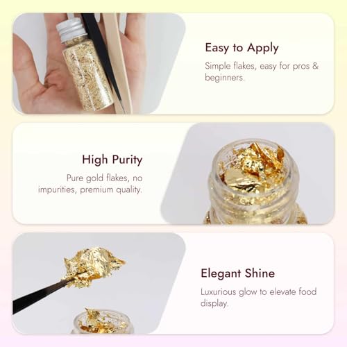 3 Flaschen Blattgoldblätter mit Pinzette & Pinsel, Blattgold Flocken Multifunktions-Dekorfolienpapier Goldfolie Papier für Küche, Mousse, Kuchen, Backen, Gebäck, Kunsthandwerk & Dekoration