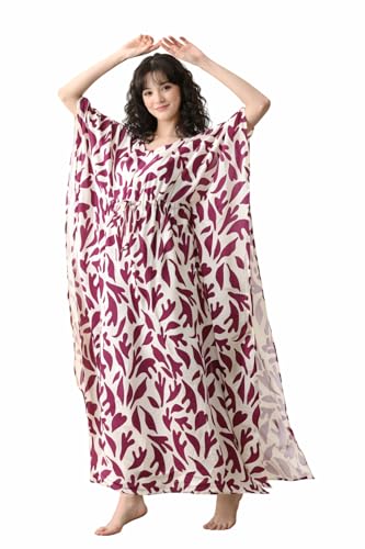 Image of Ichaa Women's Pink Rayon Printed Round-Neck Kaftan-Style Free Size Nighty with Drawstring