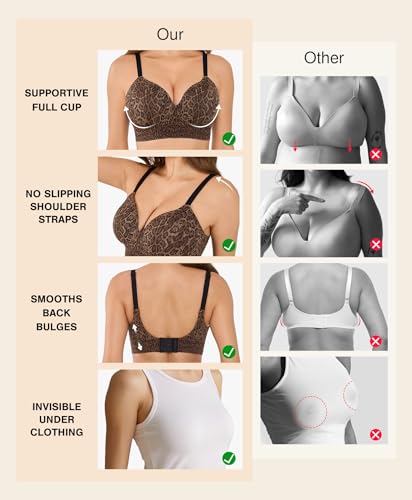Image of Popilush Wireless Bras for Women - Seamless Comfortable Bra Full Coverage Deep V Leopard Print Everyday Bras