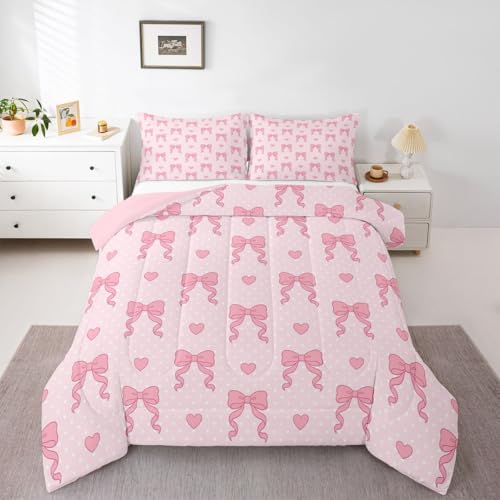 Homewish Juego de edredón con lazo rosa para cama de matrimonio, bonito juego de ropa de cama con lazo para adultos, adolescentes y mujeres, juego de edredón con lazo de princesa, diseño de lunares de