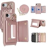 CLICSUN iPhone 16e/iPhone 17e 用 ケース ショルダー 背面カード収納 あいふおん16e/17e 携帯ケース PUレザー スマホケース いphone16e/17e 対応 財布型 鏡付き ストラップ付き 斜めがけ 首掛け 肩掛け 調節可能な リング付き 小銭入れ 横置きスタンド機能 おしゃれ かわいい カード入れ 軽量 耐衝撃 女性 人気 チェック柄 明るいピンク