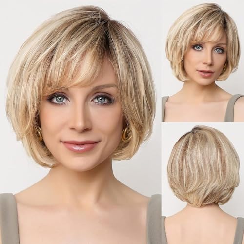 EMMOR Hand-Tied Lace Front Wig, 100% Human Hair Wigs for Women Natural Layered Wig, Wavy Different Style for White Women(Ombre Light Blonde Mixed Brown)