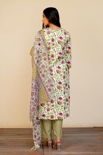Image of MIRCHI FASHION Women's Straight Fit Pure Cotton Floral Printed Kurta Set with Dupatta and Pant