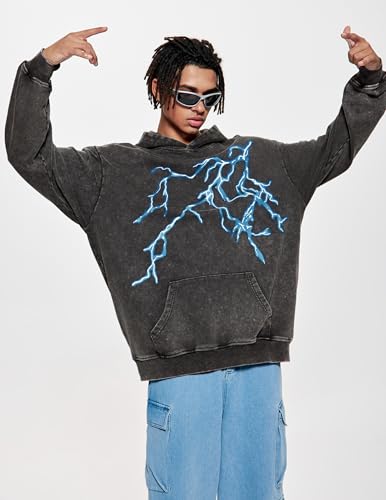 Vamtac Lightning Graphic Hoodies for Men Oversized Unisex Wash Hoodie Y2k Vintage Pullover Hooded Sweatshirt
