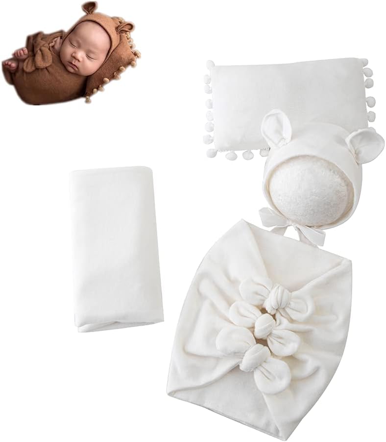 Coberllus Newborn Baby Photography Props Bonnet Hat, Bow Wrap, Stretch Fabric Blanket and Posing Pad Photo Shoot Prop