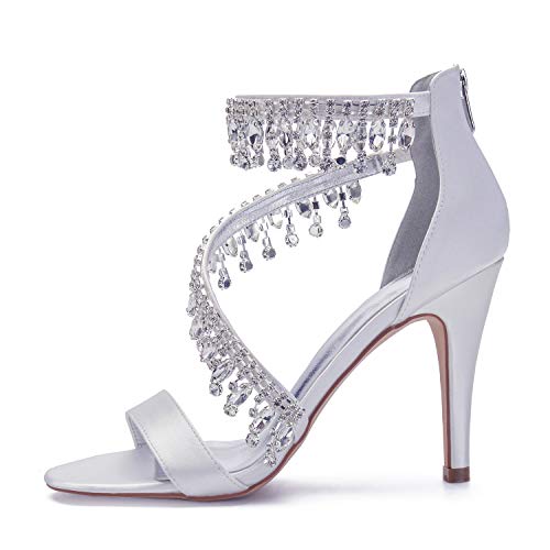 High Heels Satin Wedding Shoes For Bride Sandals Ankle Strap Crystal Zipper Back Formal Evening Prom Party Dress Shoes Pumps For Women Ivory Heels Summer Size 7 81430-22 #TOP2