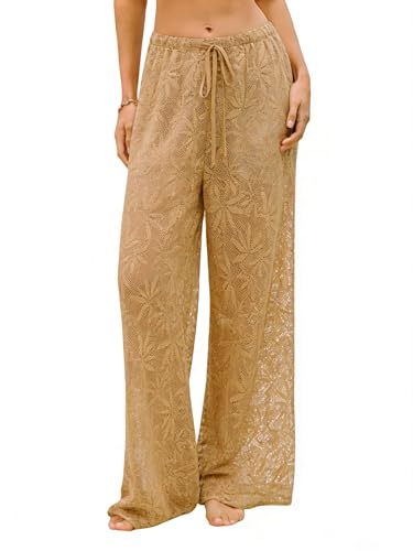 Image of ZAFUL Womens Beach Cover Up Pants Sexy Crochet Drawstring Elastic Boho Swimsuit Cover Up Long Pants Beach Wear