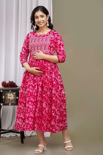 Image of Maternity Feeding Kurtis for Women Cotton - Zip Access Nursing Dress | Comfortable Pregnancy Wear | Stylish Feeding Kurti | Soft Cotton Maternity Dresses for Womens