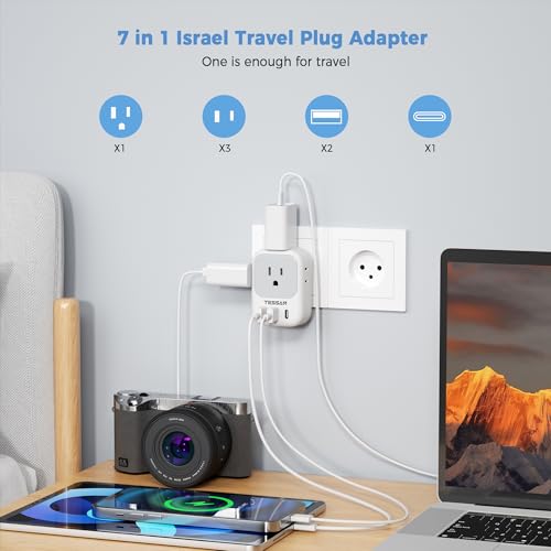 Image of TESSAN US to Israel Plug Adapter, Type H Travel Adaptor | 4 American Outlets,3 USB Charger (1 USB‑C), Ideal for Jerusalem