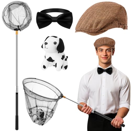 4 Pcs Halloween Catcher Costume Set Include Flat Cap Collapsible Net Black Bow Tie/Suspender Plush Dog for Adult Men Halloween Cosplay Party(Stylish)