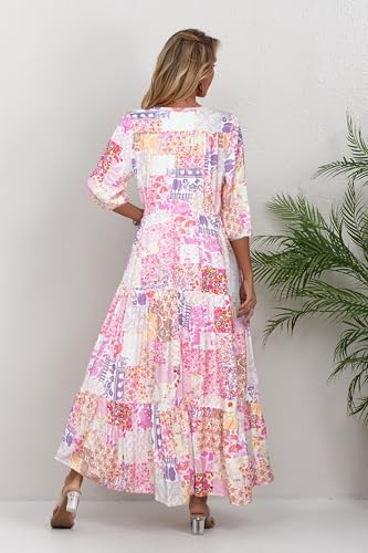 Image of Women Short Sleeve V Neck Floral Print Casual Bohemian Maxi Dresses