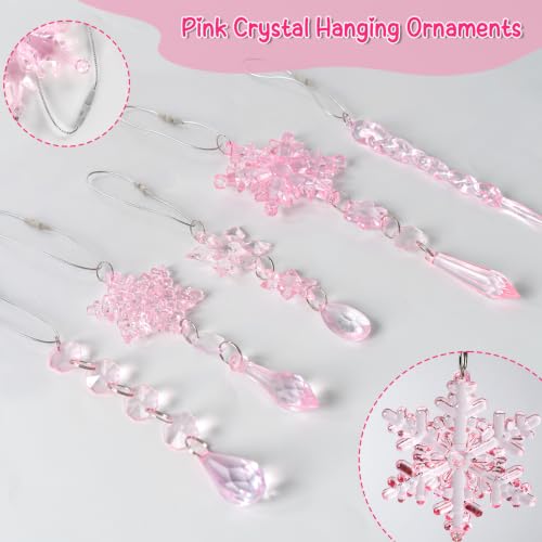 Image of 36pcs Crystal Christmas Ornaments for Tree Decorations, Pink Hanging Acrylic Snowflake Icicle Star Ornaments with Drop Pendants for Winter Wonderland Chandelier Crystals Decorations Supplies
