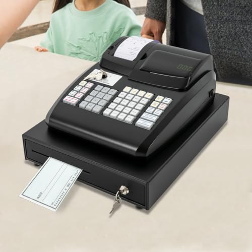 Image of 47 Keys Electronic Cash Register, Small Cash Register Portable Sales Register with Extra-Long Check Opening for Retailers and Food Markets 15.75 x 12.8 x 9 Inch Black