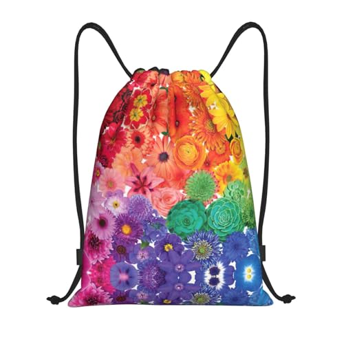 Rainbow Flowers Print Drawstring Bags, Backpack Bag For Shopping, Sport, Yoga, Travel,Gym, Swimming, Beach
