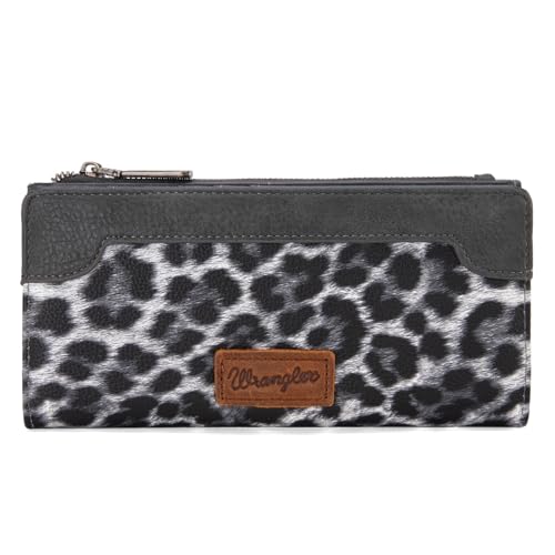 Image of Montana West Wrangler Minimalist Wallet for Women, Grey, Animal Print, Secure Compartments, 11 Card Slots, 16 Compartments, 10 Pockets, 15 Sections, 3.9” x 7.7” x 1”