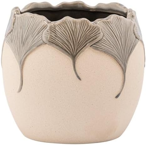 Napco Imports Decorative Home or Garden 5.5 X 5.5 Inch Indoor or Outdoor Flower Pot Planter Grey and Beige Ginkgo Leaf