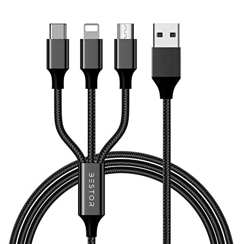 Image of BESTOR Multi Charging Cable 3 in 1 Nylon Braided Multiple USB Fast Charging Cable for Android, iOS and Type C Devices USB Port Connectors Compatible Smart Phones & Tablet (1.1M)