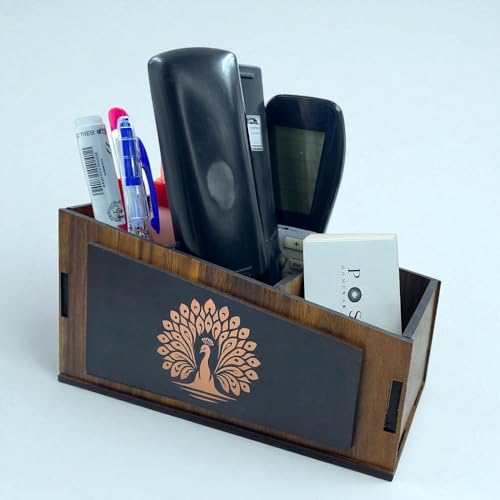 Image of POSHIO Wooden Remote Stand | 3-Section Desk & Table Organizer | Sturdy Engineered Wood | Remote, Stationery & Small Item Holder for Home & Office | Gift item | (7.1 x 4 x 4 inches, Peacock print)