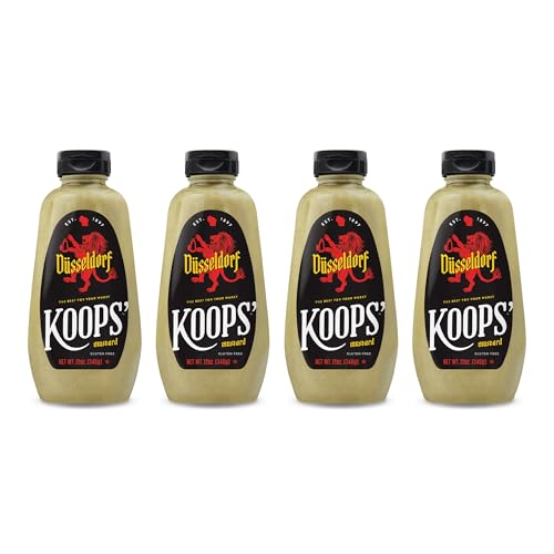Image of Koops' Dusseldorf Mustard - German-Style Bratwurst Mustard, Gluten-Free, Kosher, Made in USA, From Quality Mustard Seeds, Creamy and Traditional Bavarian Mustard - 12 Oz, Pack of 4