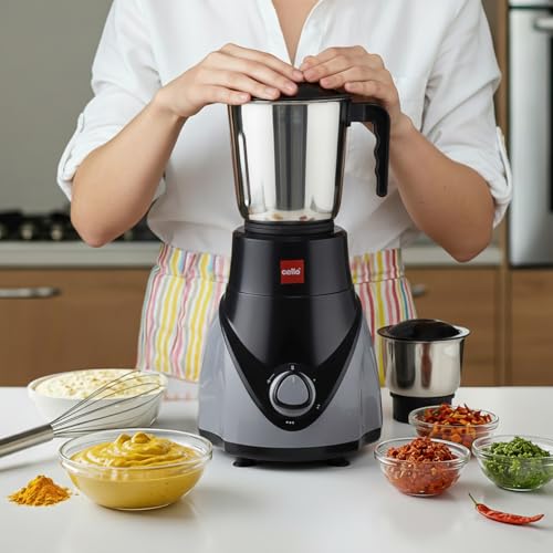 Image of CELLO Rivo Mix 3 Jar ISI Certified Mixer Grinder 500 Watts, Black Grey | 1 x 1200ml, 1 x 800ml, 1 x 400ml Stainless Steel Jars with Lid, Super Efficient SS Blades | 2 Years Manufacturing Warranty