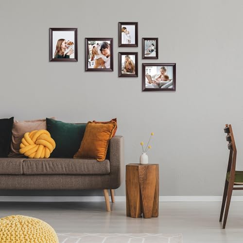 Image of iRahmen 5x7 Picture Frame Set of 4, Dark Brown Rustic Retro Photo Frame with Real Glass, 5 x 7 Frames for Wall Mount and Tabletop Display