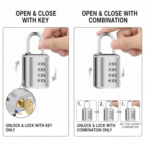 Image of 4-Digit Combination Padlock with Backup Key | Heavy Duty Black Metal Security Lock | Resettable Code for Gym Locker, School, Travel, Gate & Storage Use (Silver)