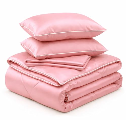 Image of SANMARINO Satin Silk Comforter Set for Double Bed - 300 TC Premium Satin Bedsheet with Pillow Covers, Luxury Complete Bedding Set, Soft Silky Finish, Bedroom Home Furnishing Gift Set - Rose Petal Pink