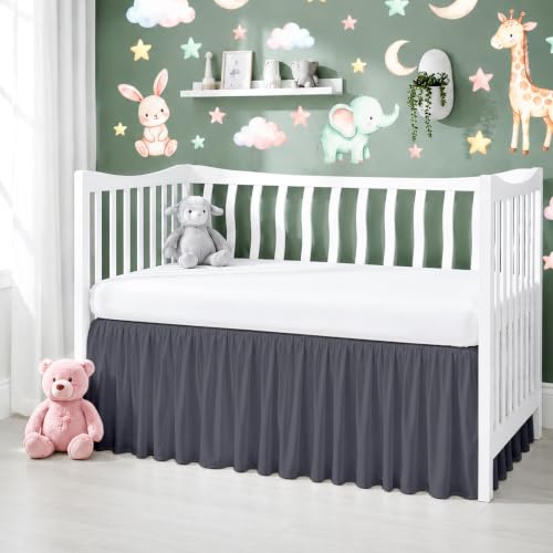 Image of Cotton Crib Bed Skirt Dust Ruffle with Split Corners, 14 inch Drop, Dark Grey | Nursery Standard Crib Bedding Bed Skirt for Baby Boys and Baby Girls. Hides Under-Crib Storage for a Neat Appearance