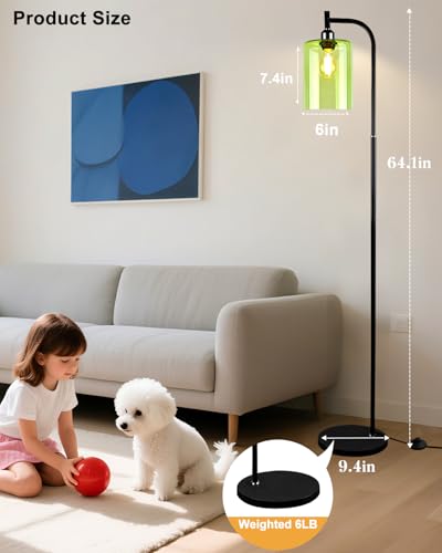 Image of Lightdot 64IN Glass Floor Lamp for Living Room, Modern Standing Lamps with Green Ribbed Glass Lampshade& Bulb Included, Industrial Floor Lamp for Bedroom /Sofa Beside /Corner Decor-Black
