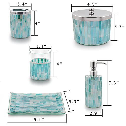 Lushaccents Bathroom Accessories Set, 5-Piece Decorative Glass Bathroom Accessories Set, Soap Dispenser, Vanity Tray, Jar, Toothbrush Holder, Tumbler, Elegant Green Mosaic Glass #TOP2
