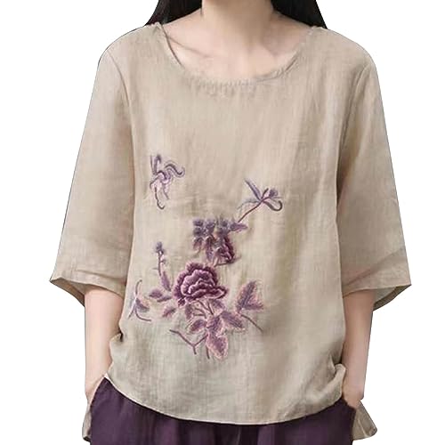 Consejos y reviews para comprar Jersey señora para comprar online. 32 Blusas de lino de manga 3/4 para mujer, holgadas, de verano, tallas grandes, bordadas, clásico, casual, de moda,, Caqui, 3X-Large