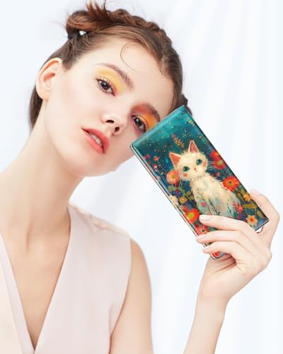 Image of Nipichsha Womens Wallet, RFID Slim Wallets for Women, Thin Ladies Credit Card Holder Purse, Cute Leather Bifold Clutch Billfold with 11 Card Slots & ID Window, Flowers Cat